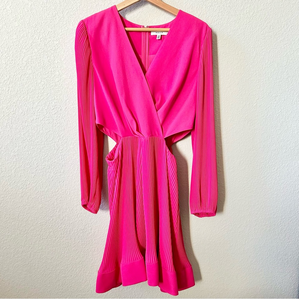 Milly Winnie Cutout Pleated Mini Dress Pink Size 12 Long Sleeves
